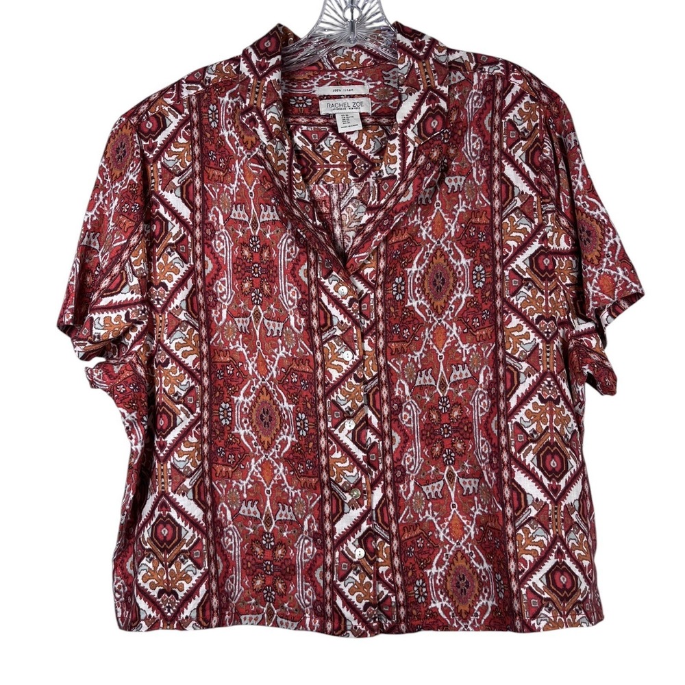 RACHEL ZOE Sz XL Top 100% Linen Red Orange Boho Ikat Print Camp Shirt Boxy